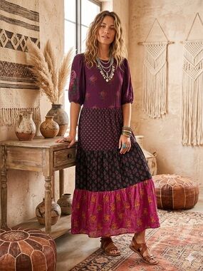 DESIGUAL Boho Floral Patchwork Midi Dress in Deep Plum size small